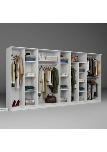 Kardelen Serisi 340 Cm Mat Beyaz 9 Kapılı 14 Raflı Elbise Dolabı - Gardırop Seti Beyaz