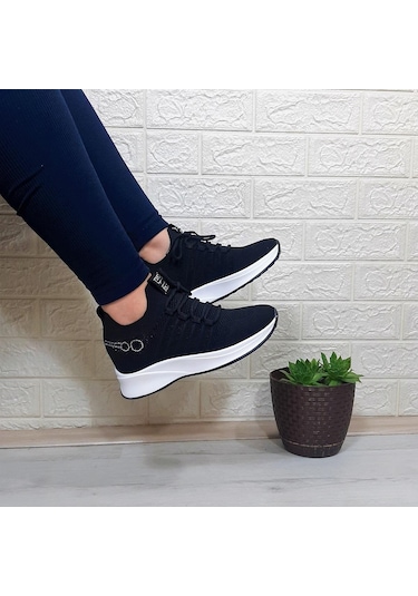 M.p 1669 Siyah İçten Gizli Topuk 7cm Taşlı Kadın Spor Ayakkabı 001