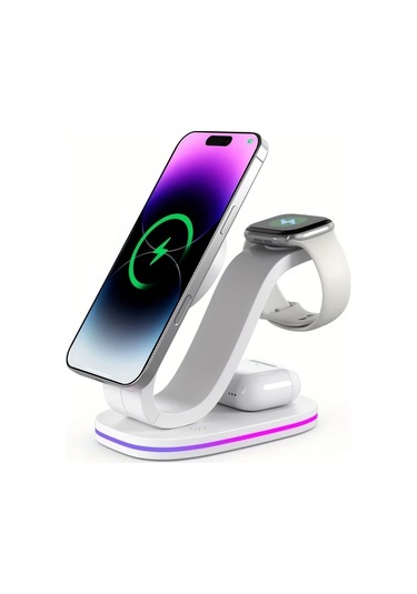 Topshop1 Beyaz Qi2 Manyetik Kablosuz Sarj Cihazi 3u 1 Arada Kuğu Tasarimli İphone Uyumlu 16 15 14 13 12 Watch Airpods Pro 4 3 2 Icin 18w Renkli Led