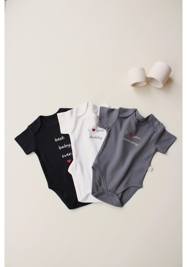 3lü Nakışlı Kısa Kollu Çıt Çıtlı Body Zıbın Model 7 Çok Renkli