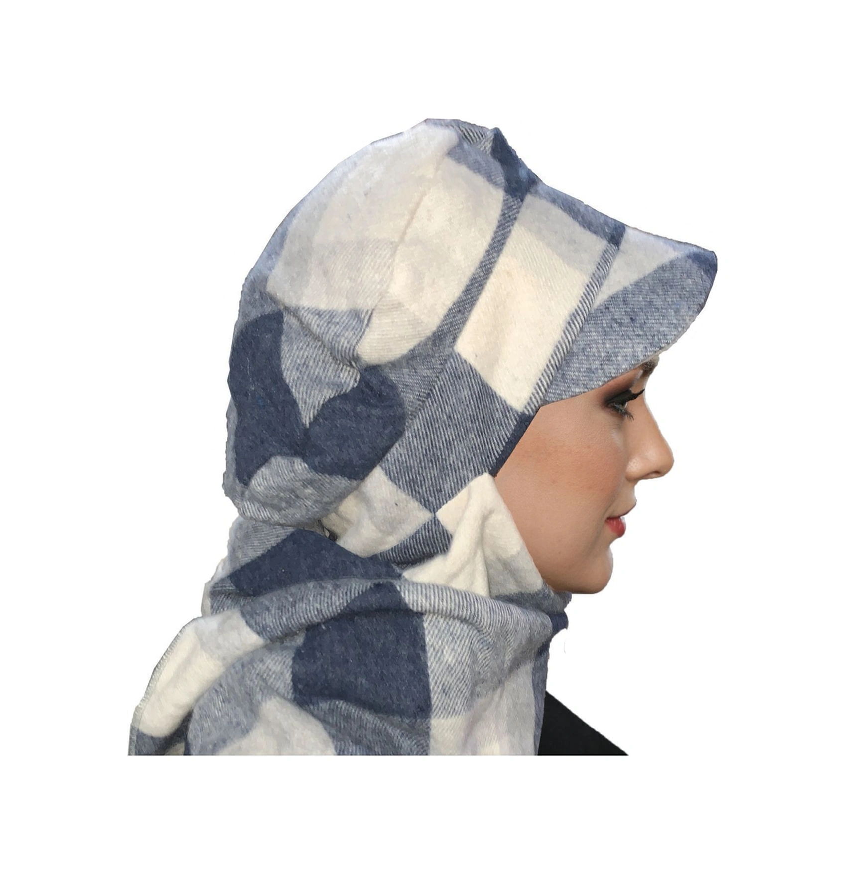 Yün Kasket Şapka Atkılı Ekose Desenli Mavi-krem Hazır Türban Tesettür Bone Bere Mavi-krem