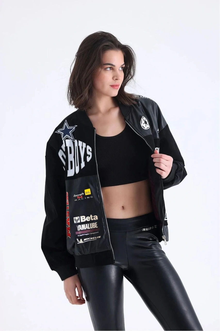 Kadın Oversize Baskılı Deri Motorcu Montu Fermuarlı Yarışçı Ceket Astarlı Bomber Kolej Mont Siyah