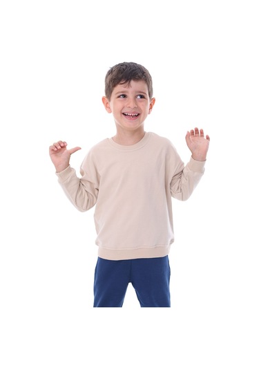 Zuzunga Basic Düz Renk Bej Fırçalı Yumuşak %100 Pamuk Sweatshirt