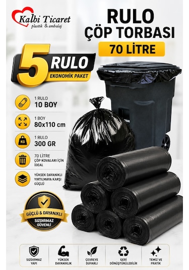 Kalın Çöp Torbası Jumbo Boy Siyah Çöp Poşeti 5 x 300 G