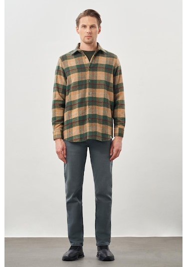 Camel Yünlü Ekose Desen Yumuşak Yaka Cepsiz Uzun Kol Casual Comfort Fit Gömlek 1004245227 Camel