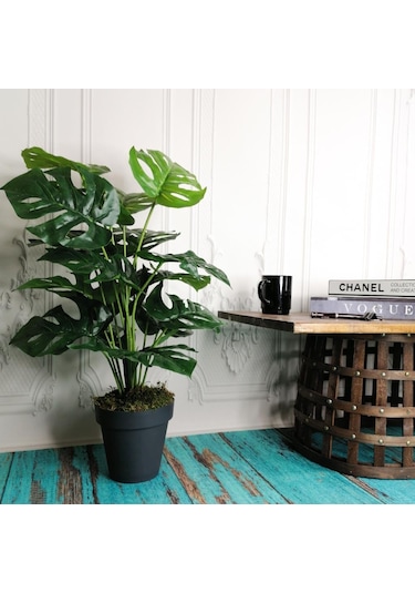 Yapay Ağaç Salon Bitkisi Monstera 70 Cm 18 Yaprak Antrasit Saksıd