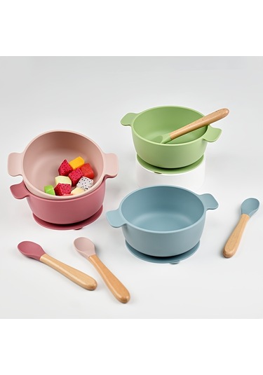 Çocuk Sofra Takımı - Renkli Vantuzlu Kase Ve Tahta Kaşık, Düşmeye Ve Haşlanmaya Karşı Dayanıklı