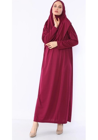 Pratik Başörtülü Tek Parça Namaz Elbisesi Bordo-21015 Gül Kurusu
