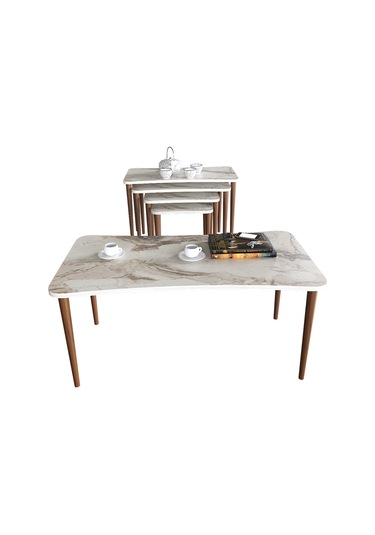 Aleyna 5li Orta Sehpa ve Zigon Sehpa Ahşap Ayaklı – Beyaz Mermer