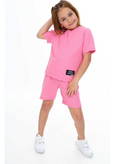 Bisiklet Yaka Şortlu Kız Çocuk Şortlu Takım Pembe