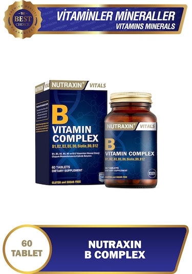 Nutraxin B Complex Vitamin 60 Tablet - B1, B2, B3, B5, B6, B12, Folik Asit, Biotin, Kolin, İnositol