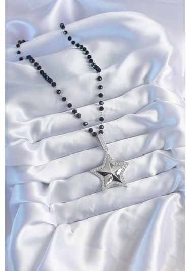 Ezoconcept Gümüş Renk Siyah Boncuk Zirkon Taşlı Pirinç Yıldız Model Vip Seri Kadın Kolye Çok Renkli