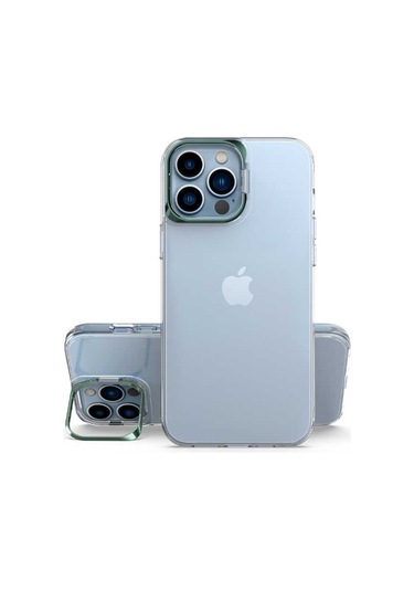 Ekılıf - İphone 13 Pro Max Uyumlu Kılıf Stand Olan Şeffaf Pürüzsüz Sert Skuba Kapak - Gold