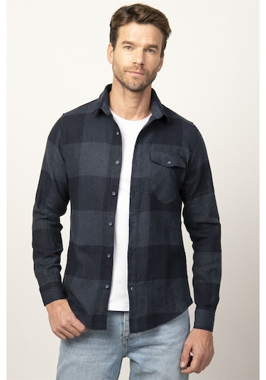 Tudors Slim Fit Kışlık Oduncu Ekoseli Tek Cep Kapaklı Erkek Gömlek-26364 Çok Renkli