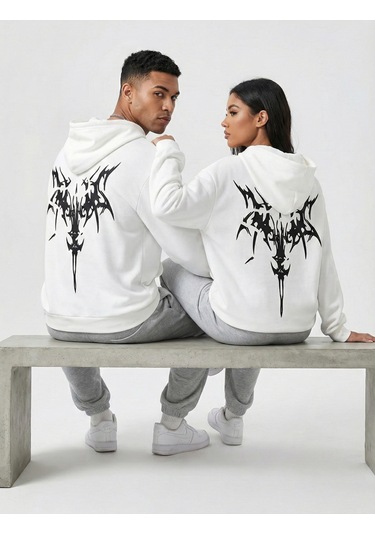 Nevermind Unisex Oversize Hoodie Grafik Sembol Baskılı Beyaz