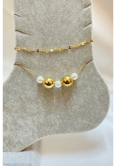 Altın Renk İnci Küre Model Singapur Ve Sf Zincir Çelik Halhal - 3292 Çok Renkli