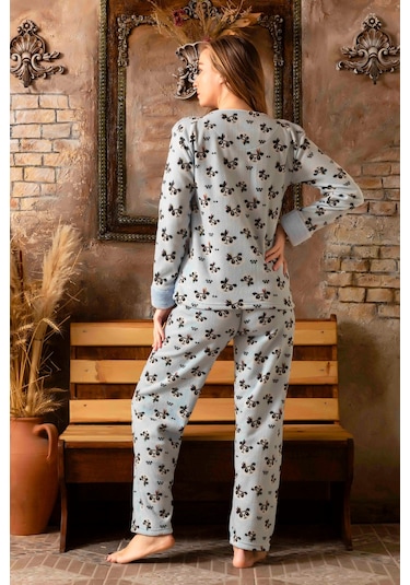 Nisanca Kışlık Kadın Welsoft Polar Pijama Takımı - Yeni Yıl Pijaması mavi