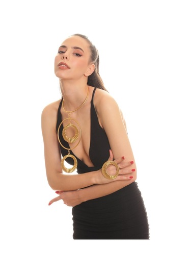 Kadın Mat Altın Kaplama Dairesel Formlu Açık Bant Tasarım Kolye & Yüzük Set Altın