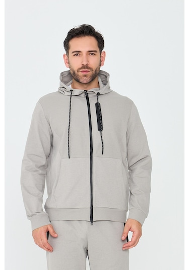 White Stone Bej Kapüşonlu Fermuarlı Erkek Sweatshirt Khaık