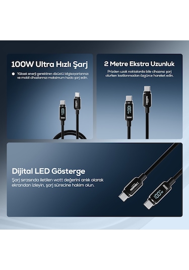 Type-c To Type-c Hızlı Şarj Kablosu 100w Pd, 2m, 480mbps, Led Gösterge, Örgü X6429