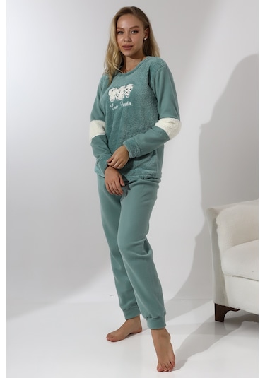 Fawn 5024 Peluş Welsoft Polar Kışlık Yumoş Kadın Pijama Takımı Yeşil