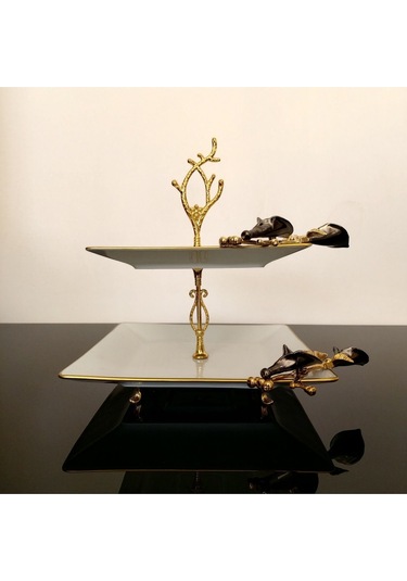 Atabey Home Kare Kurabiyelik/sunumluk Siyah Lale Ayaklı 2 Katlı Kütahya Porselen