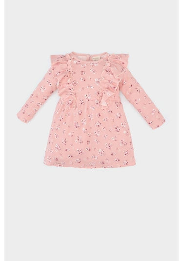 DeFacto Kız Bebek Çiçekli Uzun Kollu Waffle Elbise D9563A525SPPN243 Pembe