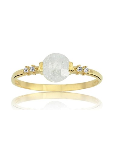 Altın Yüzük - 14 Ayar Altın Yuvarlak Beyaz Kristal Minimal Kadın Yüzük - Doğum Günü Hediyesi Yüzük Sarı Altın