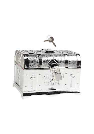 Homyl Antik Korsan Hazine Sandığı Kilit Ve Anahtar 14cmx10cmx9.5cm-gümüş Gümüş