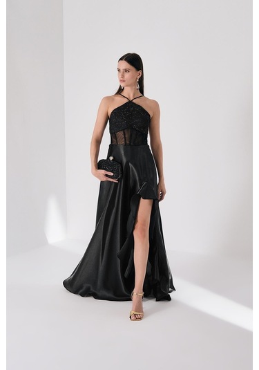 Explosion Kadın Üçgen Asimetrik Yakalı Transparan Korsajlı Şık Maxi Abiye Elbise 57659 Siyah