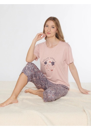 Kısa Kollu Kapri Takım Viskon Yazlık Flz 87-02 Pudra