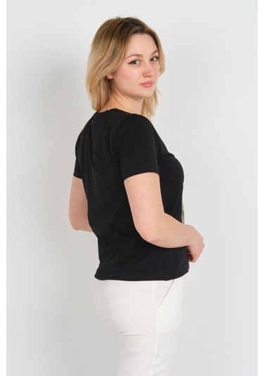 Sistas Kadın Baskı Desenli Kısa Kollu Pamuklu Bluz 24099 Siyah Siyah