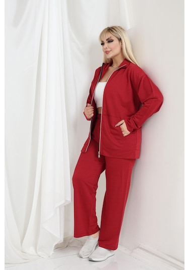 Kadın Büyük Beden Fermuarlı Uzun Kollu Rahat Günlük Eşofman Takım Bordo