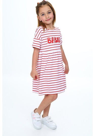 Toontoy Kız Çocuk Çizgili Elbise Kırmızı