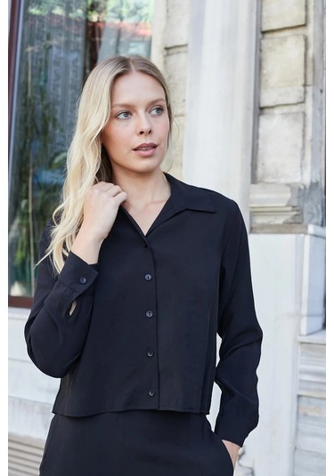 Kadın Likrasız Modal Kumaş Uzun Kol Hafif Kısa Gömlek-siyah Siyah