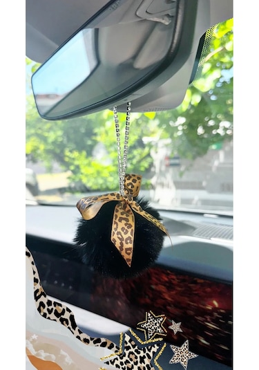 Dikiz Ayna Süsü Leopar Kurdele Ponpon Set