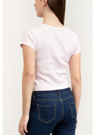 A- Woven Label 2x2 Rib Baby Tee Kadın Bisiklet Yaka T-shirt Pembe