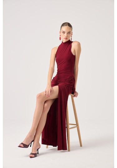 Holly Lolly Balıkçı Yaka Yırtmaçlı Uzun Valentina Elbise Bordo