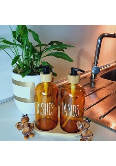500ml Amber Cam Sıvı Sabunluk Seti, Bulaşık Ve El Sabunu İçin, Bambu Tepsili Siyah