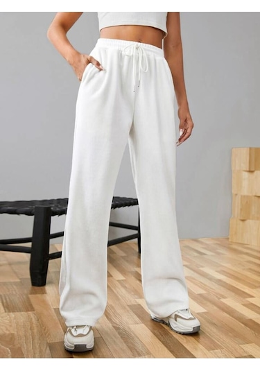 Kallima Kışlık Polarlı Yüksek Bel Beyaz Bol Paça Eşofman Altı Siyah