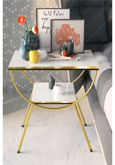 Yan Sehpa Komodin Metal Ayak Çift Gold Beyaz 1975 Beyaz