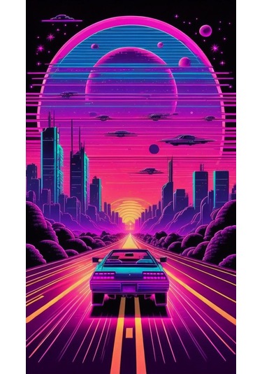 Neon Araba Temalı Cam Tablo