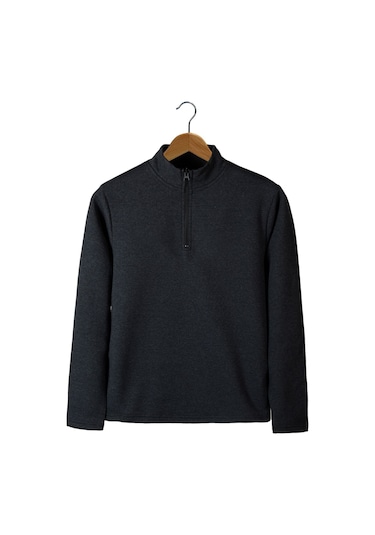 Erkek Füme Yarım Fermuarlı Basic Düz Sweatshirt Füme