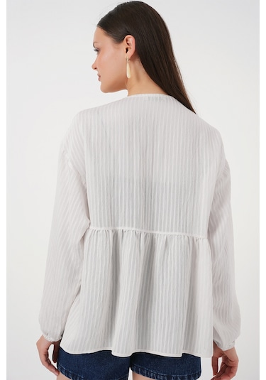 Kadın Önü Bağcıklı Uzun Kol Bluz 946 - Ekru Ekru