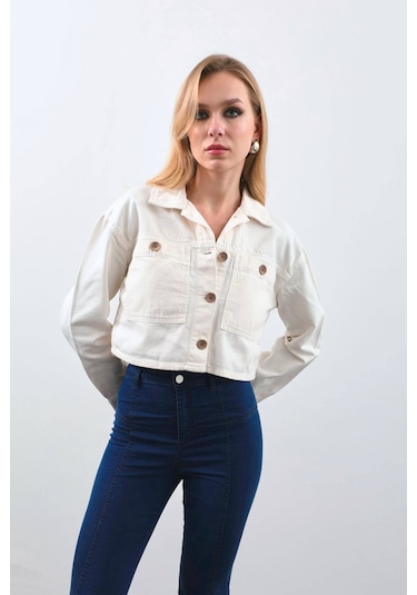 Kadın Ekru Crop Kesim Jean Ceket ekru