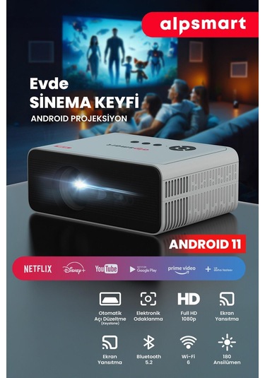 Taşınabilir Android Projeksiyon Cihazı, Wi-fi, Bluetooth, Android 11, Beyaz Renk-118498