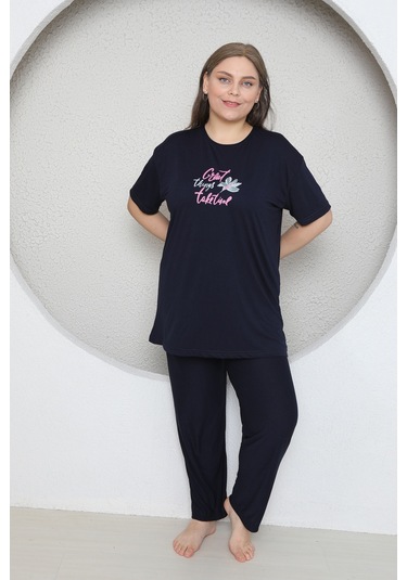 Fames Pijama Büyük Beden Likrali Ring Viskon Kisa Kol Yazlik Pijama Takim Lacivert