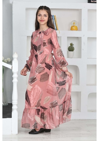 Genç Kız Pamuk Astarlı Şifon Kumaş Uzun Tam Boy Tesettür Elbise Pudra