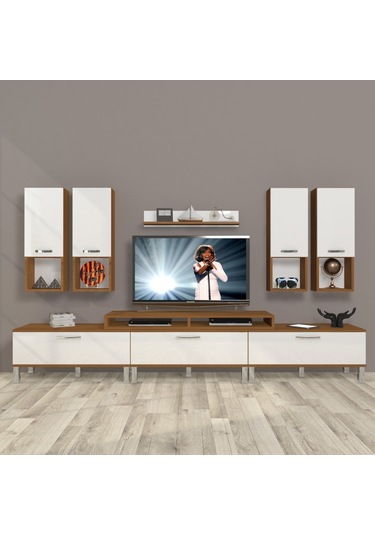 Decoraktiv Ekoflex 8da Slm Krom Ayaklı Tv Ünitesi Tv Sehpası Ceviz - Beyaz