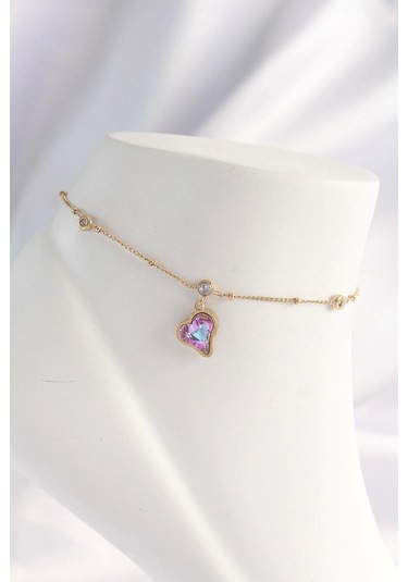 Ceylan Adam 316l Çelik Gold Renk Renkli Zirkon Taşlı Kalp Halhal Çok Renkli